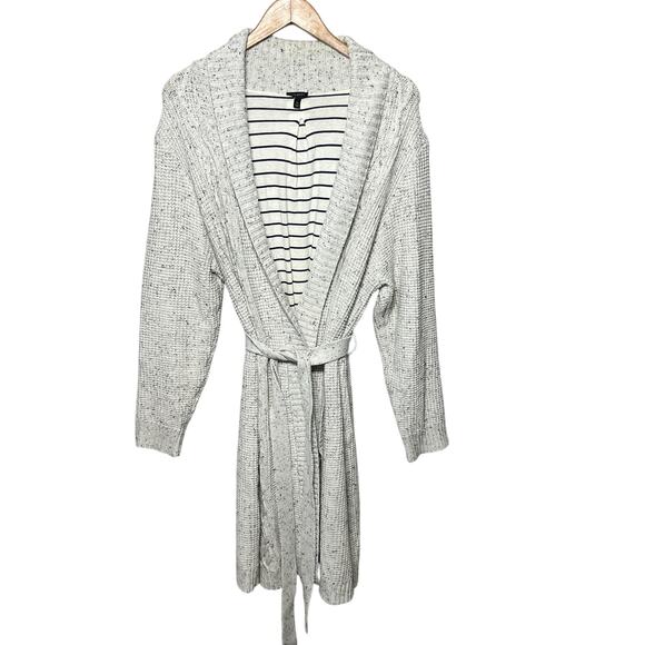 Talbots Sweater Coat Jacket White Gray Belted Lined Pockets Casual Comfy Cozy XL - Picture 2 of 9